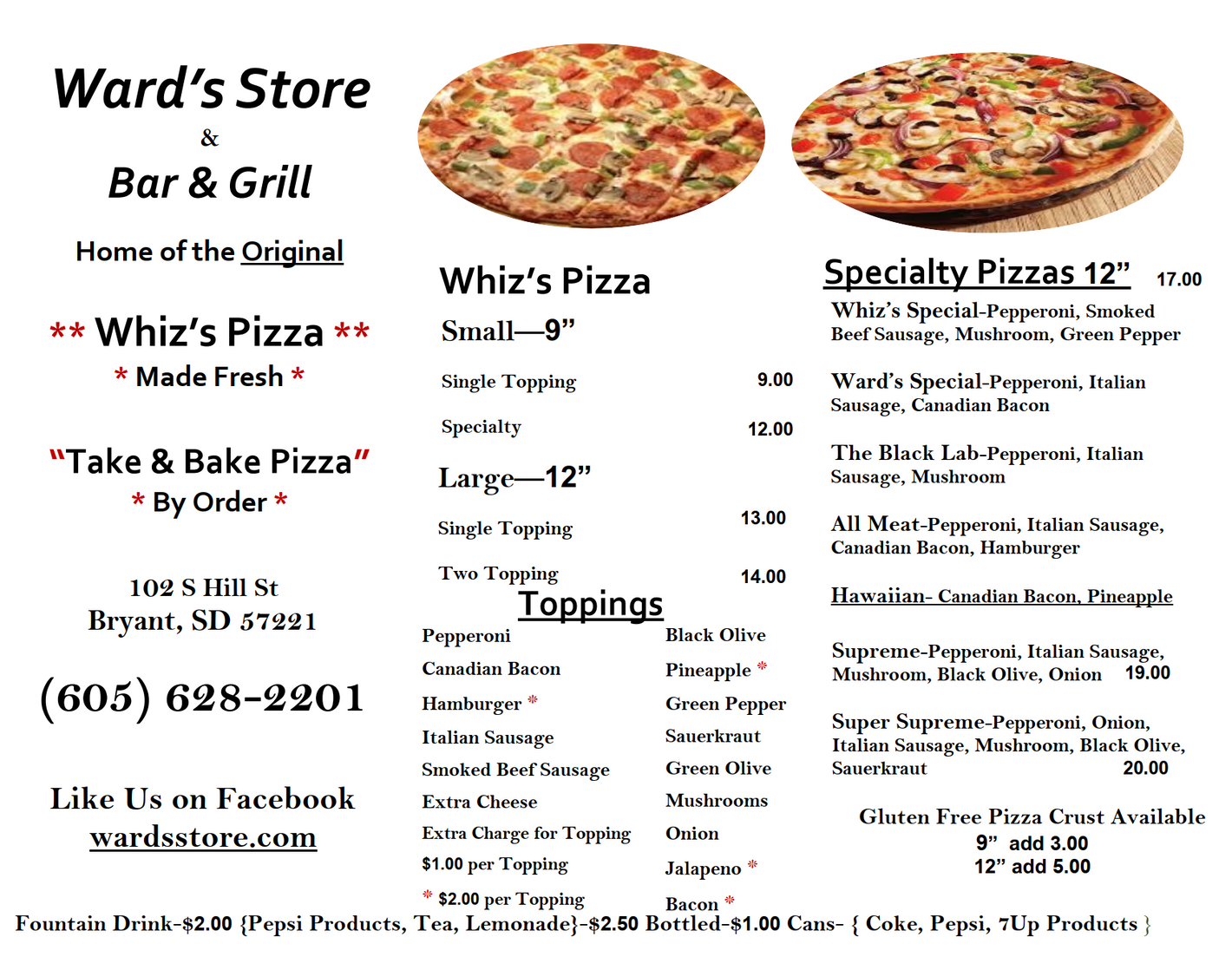 Ward's Whiz's Pizza Menu