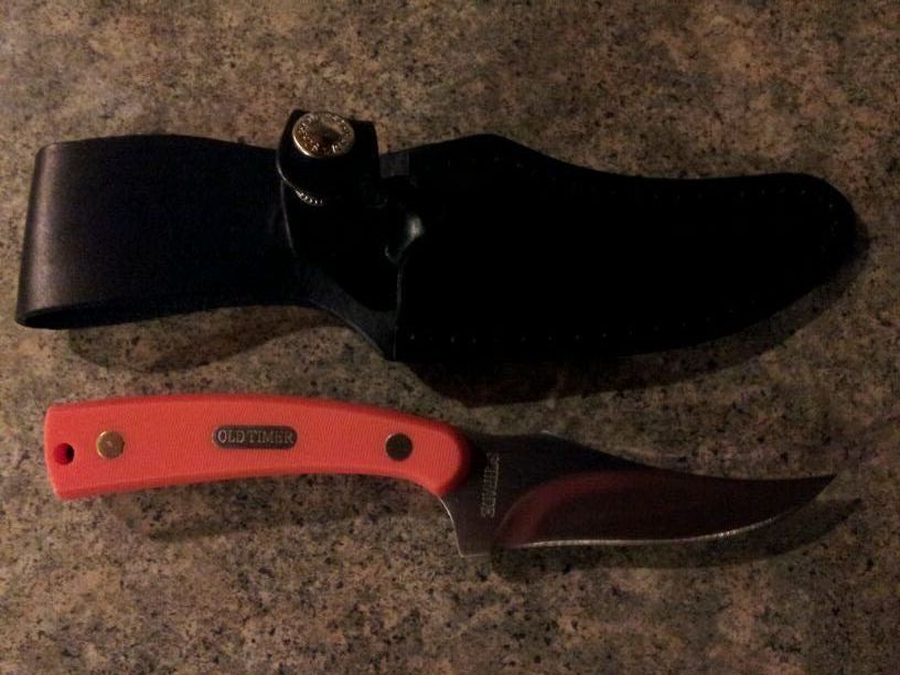 SCHRADE OLD TIMER ORANGE HANDLE HUNTING 152OTO SHARPFINGER KNIFE-LEATHER SHEATH