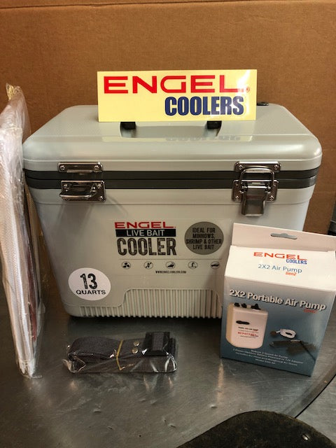 Engel 13Qt - Live Bait Cooler/Net/2x2-Aerator Pump-DC Cord/Shoulder Strap-GRAY (Copy)