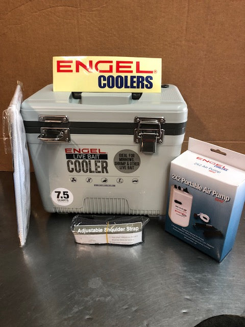 Engel 7.5Qt - Live Bait Cooler/Net/2x2-Aerator Pump-DC Cord/Shoulder Strap-GRAY