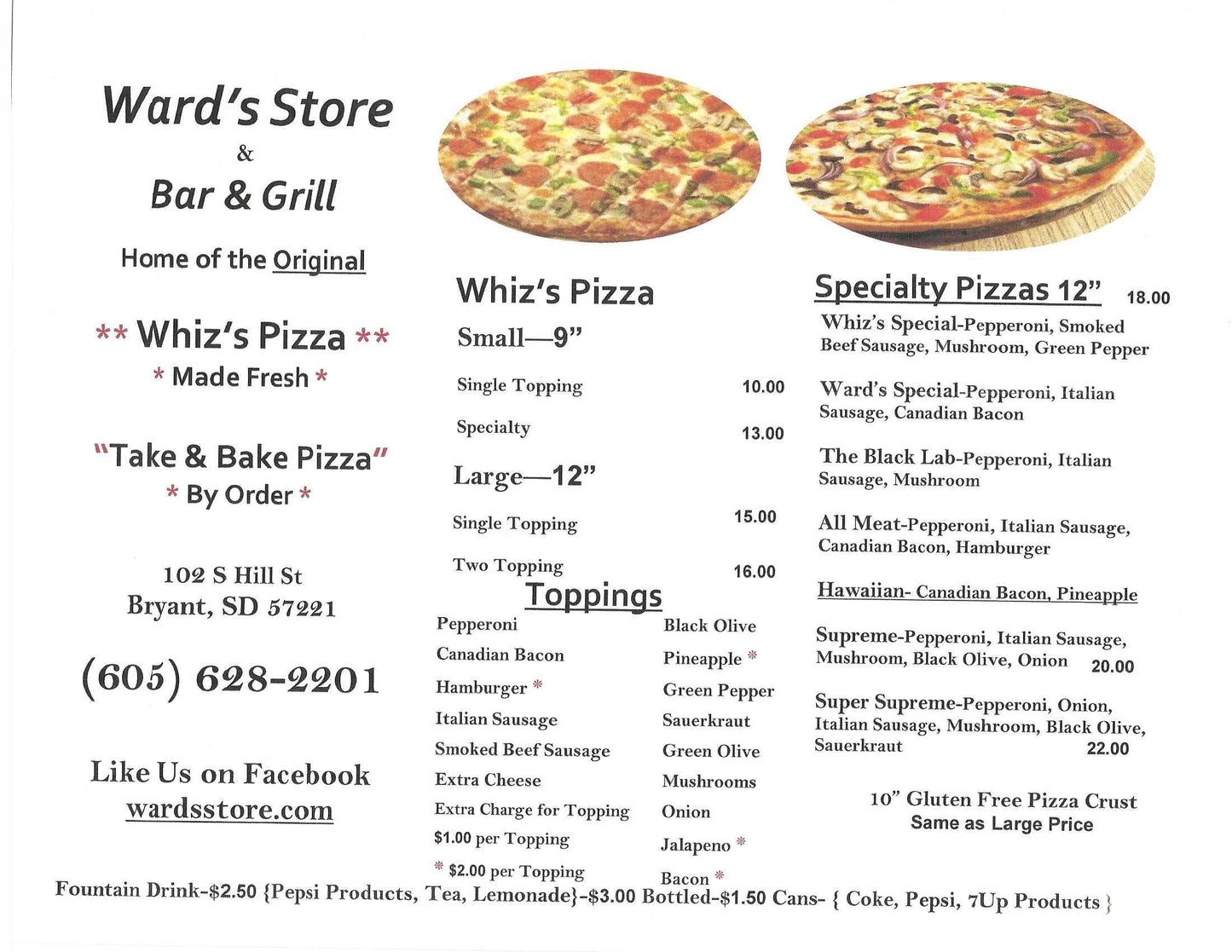 Bar & Grill / Whiz's Pizza Menu
