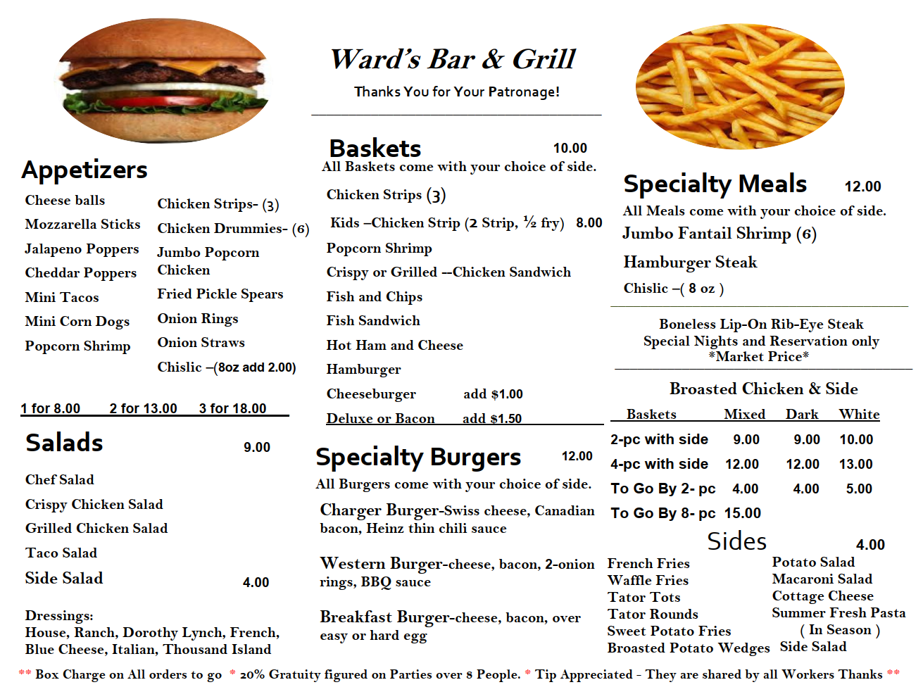 Ward's Bar & Grill / Whiz's Pizza Menu / Store Hours